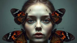 La figura de un rostro surge de mariposas nocturnas, alas moteadas y delicadas antenas que delinean las facciones; composición frontal silenciosa, estilo pictorialista con iluminación suave que evoca un emblema de metamorfosis 🦋