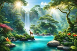 Create a picturesque scene of a lush jungle with vibrant flowers and towering trees. Include beautiful animals like colorful birds, playful monkeys, and graceful deer. Add a winding river with crystal-clear, wavy water flowing gently over smooth rocks on the riverbed. Let the sunlight filter through the canopy, casting a warm glow on this serene and enchanting landscape.