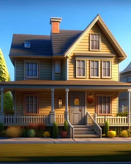 Hyper-realistic Pixar style american suburb frontview of a house