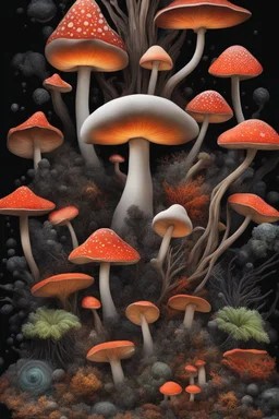 Exotic Flora, fauna, mushrooms, fungi and coral at the End of the Multiverse, rising from a black liquid surface.