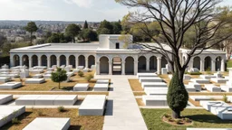 A contemporary cemetery inspired by Aldo Rossi’s architectural philosophy, located on the outskirts of a city. The design consists of orderly geometric forms, with colonnades, arches, and simple volumes creating a contemplative and respectful environment. The materials include concrete and stone, emphasizing permanence and collective memory.