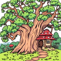 outline art for square twisted old oak tree mushroom cottage full vivid colored page for kids, classic manga style, anime style, realistic modern cartoon style, full color background, sketch style, only use outline, clean line art, no shadows, clear and well outlined