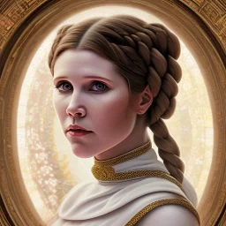 round framed complete and fully detailed head to waist portrait of young carrie fisher as Princess Leia with detailed hairstyle by Mandy Jurgens and mucha and Richard Schmid and chuck close and chie yoshii, beautiful detailed opulent dress,