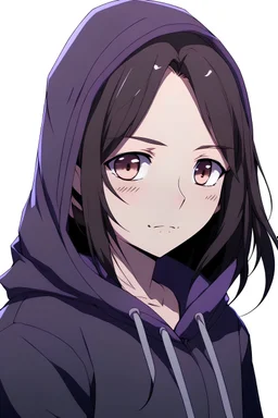 An anime girl with shoulder-length dark hair, brown eyes, dressed in a black hoodie and purple sleeves