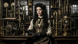 pale-faced woman with dark wavy shoulder-length hair, with detailed steampunk metal arms and legs, dressed like a Victorian, in a laboratory full of small machines