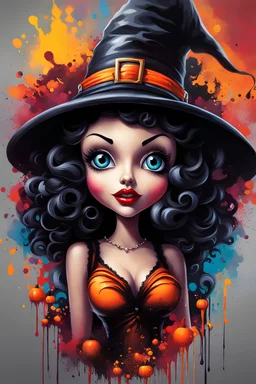 Betty Boop as a beautiful Halloween witch. graffiti art, splash art, street art, spray paint, oil gouache melting, acrylic, high contrast, colorful polychromatic, ultra detailed, ultra quality, CGSociety