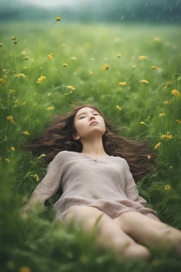 A girl lying in the middle of grass field while contemplating, detailed expression, heavy rain weather, the rain wet her face, the field is transformed into a dreamlike landscape straight out of a Studio Ghibli movie. The delicate details and vibrant colors make this a truly unique and captivating image. angle from below