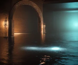 Water in an empty dark void with floating glowing light gates, outside