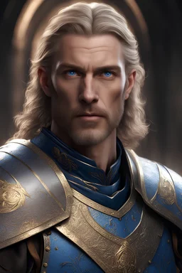 A stalwart human paladin with piercing blue eyes and a determined expression, Sir Aldric Ironshield carries himself with the confidence of one who has faced countless battles. Background of the Holy Order of the Radiant Shield, cinematic lighting, photorealistic, portrait –ar 4:7.