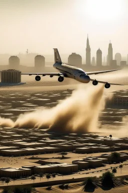 make a plane flying over a city throwing some sahara dust