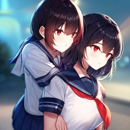 Clear Focus, High resolution, glowing red eyes, hugging a girl, wearing a sailor uniform,