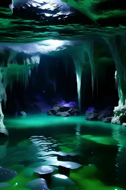 An under water crystal amethyst cave , with black sparkles , as a private place for a mermaid