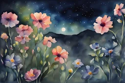 Night, rocks, mountains, flowers, watercolor paintings