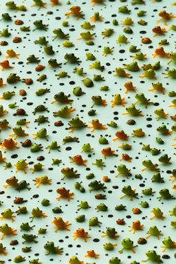 Lots of very tiny frogs on a plain background