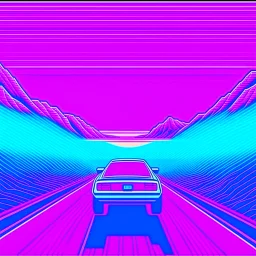 Vaporwave sci-fi scene car driving to the distance