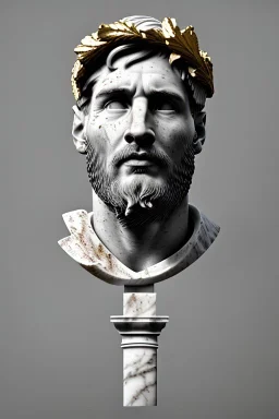 Ultra Realistic image, Roman sculpture, white marble material, Lionel Messi, gold Laurel wreath, chisel style, waist up portrait, epic, celestial, cinematic lighting, God light, god rays, 4k resolution, smooth details, ornate details, soft lighting, unreal engine 5, marble background.