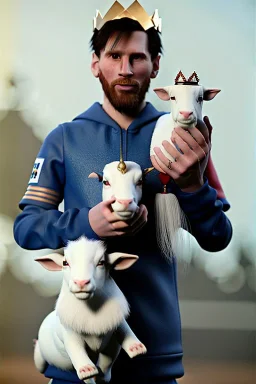 messi as king with wearing crown and king stuffs and clothes and holding a little white goat on his hand ,hyperrealistic,8k,detailed,rendered