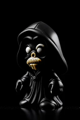 1950s goofy vinyl toy of skull face character wearing a black hooded cloak, drawn in a early animation rubber hose animation style, inside a diamond shape on a black background, monochromatic