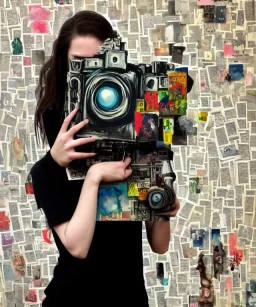 happy beautiful girl holding big proffesional camera in studio. street art, oil on canvas, spray paint, collage, letters, newspapeers, Dave McKean, Vladimir Fedotko, Saturno Butto, Vaughn Bodé, Frank Wu, James C. Christensen, collage, dirty, paint dripping, radiant