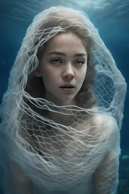 Masterpiece, realistic, best quality, ultra-detailed, 4k, girl, underwater, wearing white fishing net
