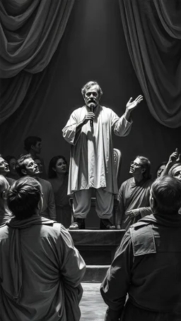 A man standing on a chair, giving a speech to surrounded people who are looking up at him the image is a highly detailed, monochromatic masterpiece. is depicted with breathtaking precision. The contrast of light and shadow, the intricate textures of fabric and skin, all combine to be so realistic, it almost appears to breathe. This work o