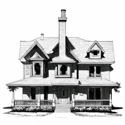 A detailed ink illustration of a front elevation of a fantasy house, with a tall chimney, rooms and floors added to the sides and roofs.