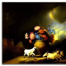 Flowers and goats in outer space Rembrandt