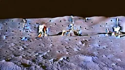 A Tesla's 'Model S Plaid' is parked on the Moon, at the landing site of the 'Apollo 11'. CINEMATIC. WIDE ANGLE LENS.