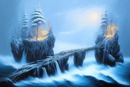 island waterfall old tree twigs rope bridge penguins winter