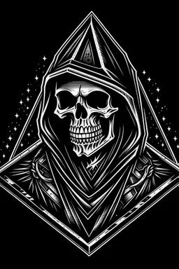 ed roth skeleton in a black hooded cloak drawn in a retro mascot style, inside a light diamond shape on a black background, monochromatic