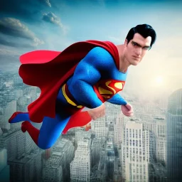 Superman flying, dramatic, cityscape background, dramatic lighting, volumetric lighting, hyperrealisme, 8k, high quality, photorealistic, lot of details