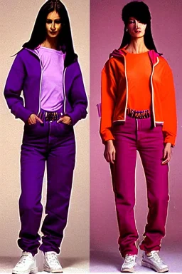 year 1999 women fashion, Techno, rave, Loose, straight, suit, low waist light trousers, t-shirt, new kind of hoodie with high tippet, which goes down along zipper! Colors: all denim colors, purple, khaki, lilac, plum, orange, terracotta, red, pink, dark blue, beige. Patterns: lynx, balls, stripes. lynx belt. starling or owl prints. Women models. Missy Elliot, Sandra Bullock, Milla Jovovich, Big tennis shoes on. Latex, denim and leather e.g. in Leg warmers.