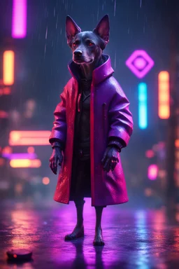 Volumetric dog lights,paradise sacred geometry framed playing card, black, red, spore and purple neon cyber punk dancer thief in soaked rain coat shadows boss card in the style of escher and fallout 4 ,,bokeh like f/0.8, tilt-shift lens 8k, high detail, smooth render, down-light, unreal engine