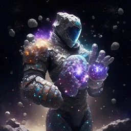 A battle suit made of galaxies and stars with a glove that has seven endless stones