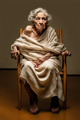 an old wrinkled woman sitting on a wooden chair, half dressed in dropped cloth, she is on display in a high end white art gallery, she is quite and no emotions, the original painting of Venus is on display on the wall, .ultra realistic photo,. highly detailed 32k, strange and weird modern art creation, surrealistic image