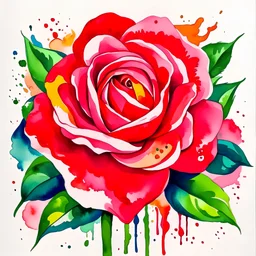 A colorful watercolor painting of a rose. The rose has big green leaves and red petals. The image is in the middle of a white canvas. The background should be clean and mostly white, with subtle watercolor splashes. The style is expressive and textured, reminiscent of outsider art.