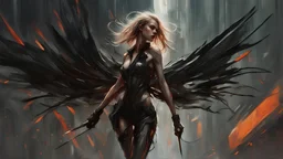 biomechanical women, beautiful, cyberpunk, dusty blonde, short square, large biomechanical black wings, sword, cybernetic, dynamic pose, rain, wind, ashes, flashes of fiery threads, sketch art, fine lines, grunge, sensual, darkness, dark colors, by Raymond Swanland & Alyssa Monks & Anna Razumovskaya