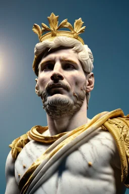 Realistic image, Roman sculpture made in white marble with gold veins, Lionel messi with gold laurel leaves crown, decorative star on the chest, waist up portrait, marble material, gold ornaments, Baroque style, sun rays background, epic, celestial, cinematic lighting, God lights, 4k resolution, smooth details, soft lighting, unreal engine 5, art station, substance 3d.