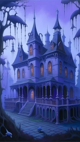 A purple haunted mansion filled with ghosts painted by The Limbourg brothers