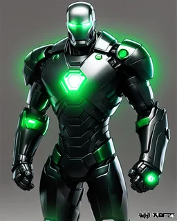 Super IRONMAN armor, kryptonite powered, black armor, black chrome, green lights, built by wayne enterprises, designed by stark industrieshttps://stablecog.com/generate?o=37b70ee1-cbf6-4de2-8ffe-0e02f33ce34f