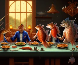 supper, fish sit at the table and eat pieces of people.