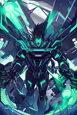 imagen de un chico de cabello negro con un entorno futurista con predominio de colores negro, rojo y verde