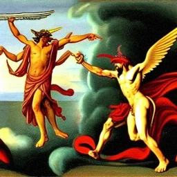 The winged messenger Hermes delivering a message to Zeus but Zeus is a Hydra. Medusa and the Minotaur are fighting in the background.