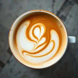 close up top-down view of a latte with a maximal abstract design by Joan Miro formed in the milky foam, professional photography, looks like an advertising campaign photo, delicious