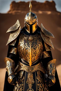 Full body photography,front_view, dark Lord ooking at viewer,traditional dress ornaments mechanical_armor,intricate armor, delicate golden filigree, intricate filigree, black metalic parts, detailed part,desert background, dynamic lighting