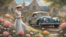 A mysterious place, a classic car, two women, among flowers