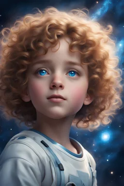 : a little girl with light brown short wavy curly hair and blue eyes floating in space, gazing in wonder at a quasar, Clear, detailed face