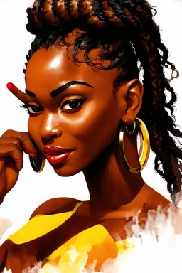 A vibrant digital illustration of a carribean woman with a confident yet playful expression. She is making a gesture by a raised brow. highly detailed two large cornrows. Her large hoop earrings are clearly visible, adding to the bold and expressive character of the artwork. with soft lighting accentuating the details of her face.", ink wash