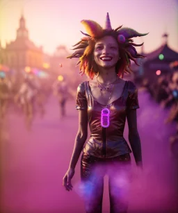 Ultra Realistic photo, medium shot view, drunken sweet dancer old brunette woman, carnival scene, monster hair, steampunk style. Red hair, confeti, smile, happy, festival, ovnis, gradient color fog. highly detailed, concept art, unreal engine 5, ray tracing, RTX, lumen lighting, ultra detail, volumetric lighting, 3d, finely drawn, high definition, high resolution.