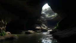 dark rock cave, looking upward as the cave continues upward. A stream runs down the the left side, lined by a small dam, in the style of jordan grimmer